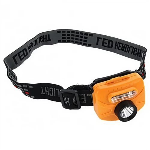Esta linterna frontal de color naranja brillante, Linterna Frontal 3w + 2 Rojas + Sensor Quail, cuenta con una potente luz de 3 W, una correa negra ajustable con patrones reflectantes, una lente rectangular sobre la luz redonda y presenta una funcionalidad mejorada con un sensor de codorniz.