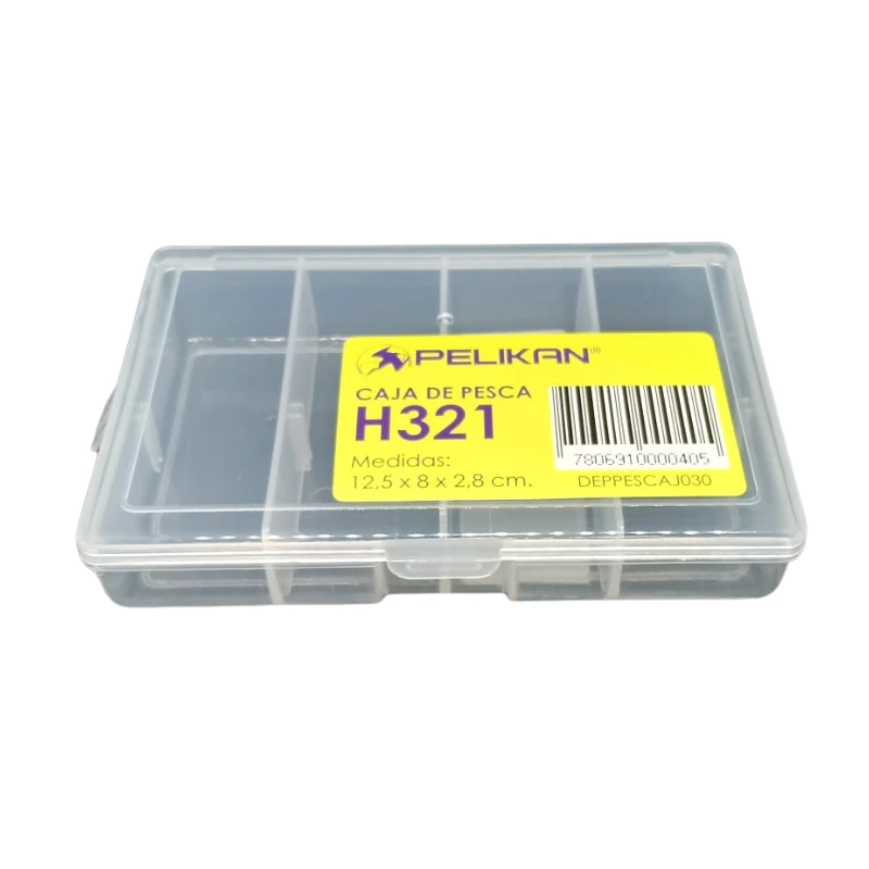 La Caja de Pesca Transparente H321 Pelikan es una caja de plástico transparente con etiqueta amarilla, de 12,5 x 8 x 2,8 cm. Cuenta con múltiples compartimentos para organizar e incluye un código de barras para facilitar su lectura.