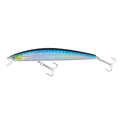 Presentamos el Señuelo Salt Pro Minnow Flotante Blue Mackerel de Daiwa: un señuelo de 15 cm y 31,5 g con un diseño realista, cuerpo azul y plateado, acentos amarillos cerca de la cabeza, dos anzuelos triples y un labio frontal transparente para bucear hasta 1 metro.
