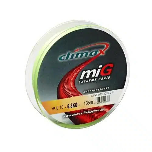 Una bobina de hilo de pescar Multifilamento Mig Extreme Braid de 100 mts Climax, etiquetada con especificaciones: 0,10 mm de grosor, 6,8 kg de resistencia y 135 metros de longitud. El diseño de la bobina presenta gráficos llamativos con colores rojo y negro, que muestran la marca MULTIFILAMENTO MIG EXTREME BRAID CLIMAX y un sitio web para obtener más información.