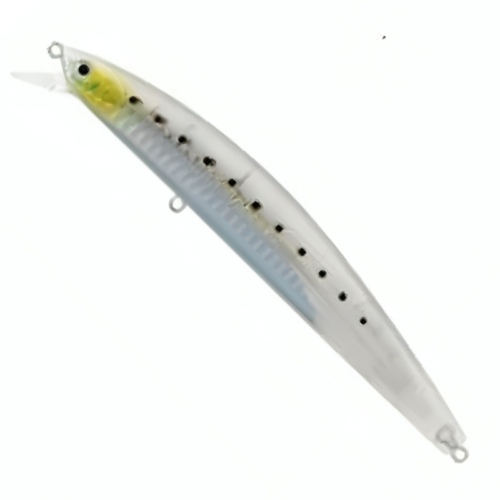 El Señuelo Salt Pro Minnow Translucent Glow Back 13 cm de Daiwa cuenta con un diseño elegante con un dorso brillante translúcido, cabeza amarilla, motas negras y una franja azul plateada. Cuenta con presillas de sujeción en ambos extremos y una estructura similar a una aleta, lo que lo hace ideal para pescar a profundidades de hasta 1 metro.