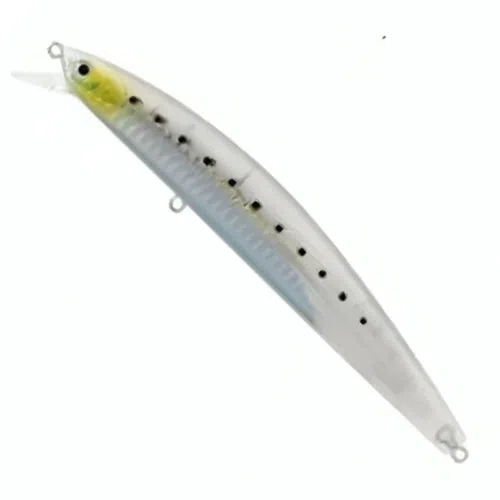 El Señuelo Salt Pro Minnow Translucent Glow Back 13 cm de Daiwa cuenta con un diseño elegante con un dorso brillante translúcido, cabeza amarilla, motas negras y una franja azul plateada. Cuenta con presillas de sujeción en ambos extremos y una estructura similar a una aleta, lo que lo hace ideal para pescar a profundidades de hasta 1 metro.