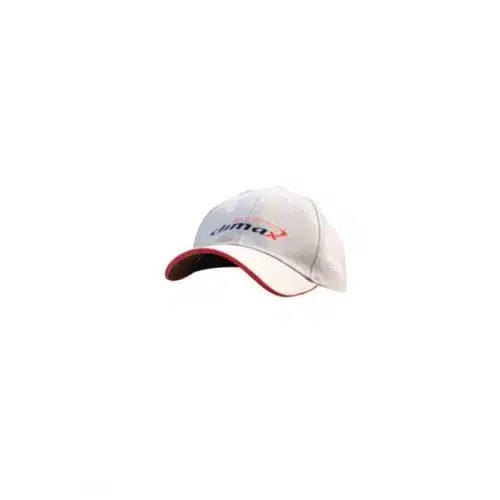 Gorra de béisbol GORRO DE PESCA CLIMAX de color claro con el texto "dijimx" bordado en el frente. Tiene una visera curva con la parte inferior roja y un detalle rojo a lo largo del borde, sobre un fondo blanco liso.