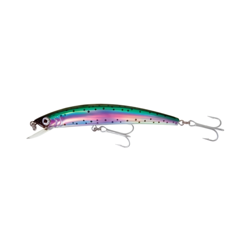 El señuelo de pesca Señuelo Lrain514 Pro Minnow 13,3 cm/17,7 g Eagle Claw Flotante presenta un cuerpo brillante similar al de un pez con degradados verdes, morados y rosas, manchas negras, dos anzuelos triples, un pequeño labio blanco en la parte delantera y un acabado metálico.