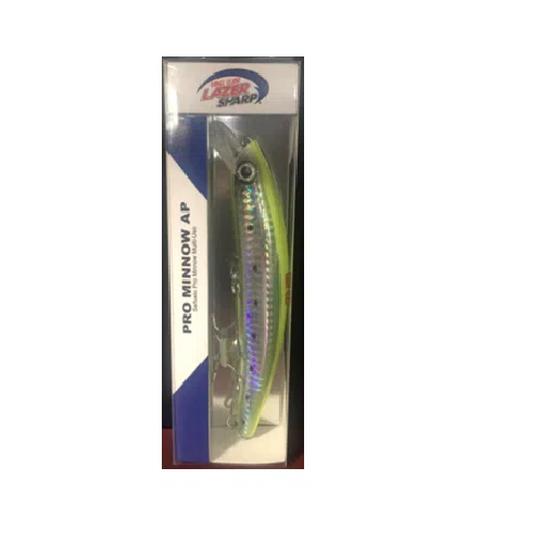 Señuelo de pesca Señuelo Lchsil 514 Pro Minnow 13.3 Cm/17.7 G Eagle Claw Flotante en su empaque, que muestra su cuerpo metálico reflectante con un tinte verde amarillento. El empaque azul y blanco presenta un logotipo "Laser Sharp" en la parte superior y muestra con orgullo la marca SEÑUELOS EAGLE CLAW.