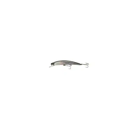 Señuelo Lbksil Pro Minnow 13 Cm/18 G Eagle Claw Flotante plateado brillante con dos anzuelos triples sobre un fondo blanco. El señuelo es alargado y delgado, diseñado para parecerse a un pez pequeño y tiene un pequeño borde de plástico transparente cerca del frente.