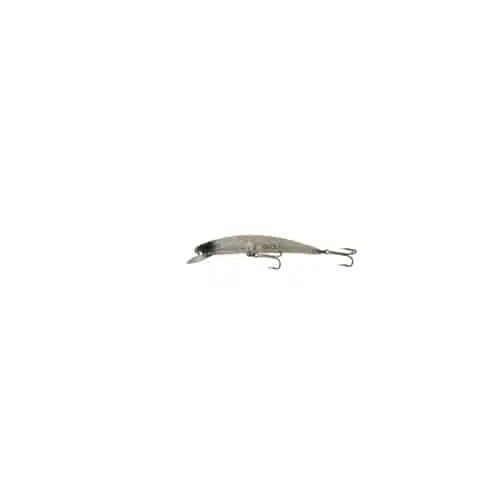 Imagen en primer plano de un señuelo de pesca Señuelo Lpearl Pro Minnow 13 Cm/18 G Eagle Claw Flotante. El señuelo tiene un cuerpo alargado con un acabado metálico y dos anzuelos triples unidos a la parte inferior, uno cerca del medio y el otro cerca de la cola.