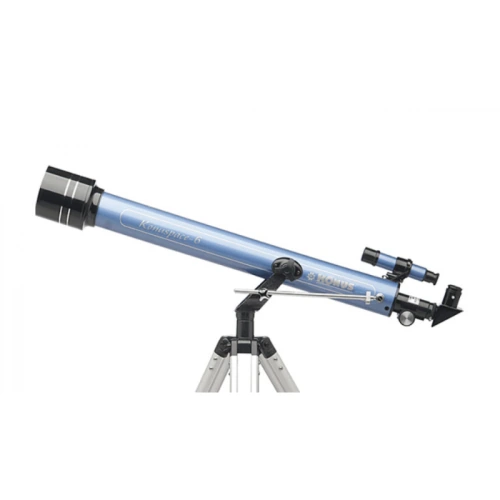 Un telescopio refractor Konus Konuspace-6 con acabado azul está montado sobre un trípode. Cuenta con un tubo cilíndrico largo con un buscador incorporado en la parte superior e incluye un ocular en la parte posterior. El trípode viene con patas ajustables.