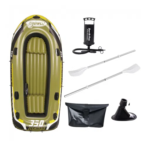 Un bote inflable de pesca Fishman 350 Set Jilong amarillo y verde, con una etiqueta "350 Fishman", viene con una bomba manual negra, dos remos blancos y plateados, una bolsa de almacenamiento negra y otros accesorios mostrados sobre un fondo blanco.