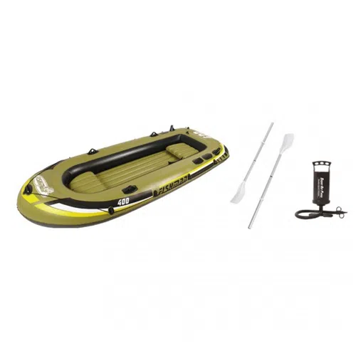 El bote inflable de pesca Fishman 400 Set 4per. Jilong es un bote inflable amarillo y negro con la etiqueta "400". Incluye dos remos y una bomba de aire, tiene capacidad para varias personas y ofrece varios puntos de sujeción para remos y otros accesorios.