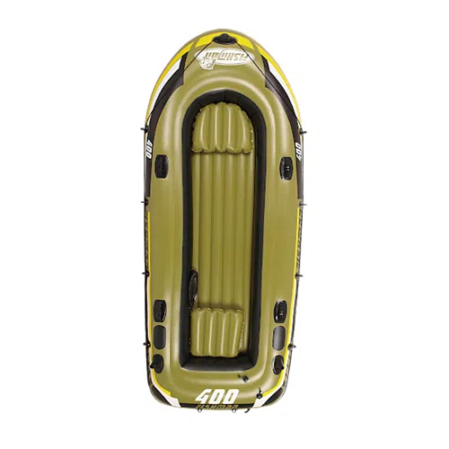 El bote inflable de pesca Fishman 600 de Jilong es una balsa compacta para una persona en color verde y amarillo. Tiene un asiento y un piso estriados, manijas negras y ojales en los costados para asegurarlo o remolcarlo. El número de modelo "600" se muestra de manera destacada en la parte inferior.