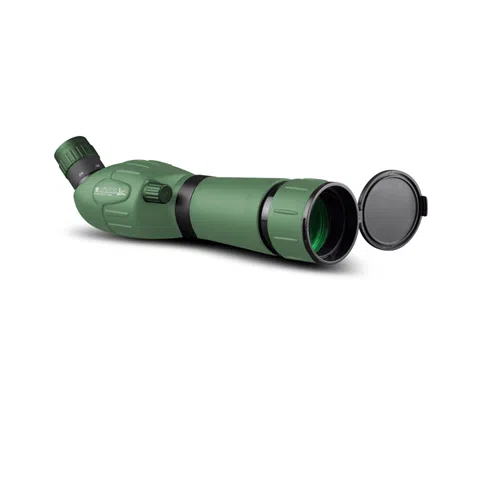 El telescopio terrestre Catalejo Konus Konuspot-60c 20-60x60 cuenta con un diseño verde y negro, un ocular en ángulo y una tapa de lente abierta. Su cuerpo cónico incluye perillas de ajuste, agarres texturizados y un acabado mate para minimizar el deslumbramiento y mantener la lente del objetivo claramente visible.