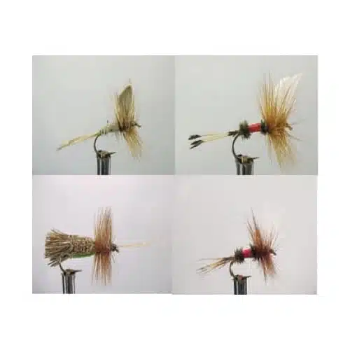 Cuadrícula de cuatro imágenes, cada una de ellas representando un tipo diferente de mosca de pesca de la colección Kit Moscas Dragon Dry Flies Zath001 Wdx. Las moscas están adornadas en varios colores con materiales como plumas y pelo, sobre un fondo liso. Cada ejemplar de la serie ZATH001 está montado sobre anzuelos, aptos para la pesca con mosca.