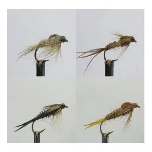Una imagen compuesta muestra cuatro tipos distintos de moscas de pesca diseñadas para la pesca con mosca, cada una en una vista detallada en primer plano. El Kit Moscas Dragon Nymph Flies Zath002 Wdx muestra variaciones en color y materiales, con anzuelos y extensiones en forma de alas en tonos de gris, marrón, negro y tostado.