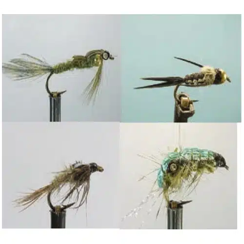 Exhibidas como parte del Kit Moscas Dragon Nymph Flies Zath022 Wdx, se muestran cuatro diferentes moscas de pesca intrincadas: la mosca superior izquierda tiene un cuerpo verde delgado y una cola tupida; la mosca superior derecha presenta un cuerpo segmentado con detalles negros y amarillos; la mosca inferior izquierda luce un cuerpo verde y marrón difuso; y la mosca inferior derecha, conocida como Zath022, cuenta con un cuerpo azul y verde vívido.