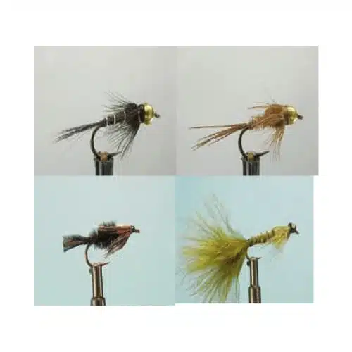 Una cuadrícula de cuatro moscas de pesca de la colección Kit Moscas Dragon Nymph Flies Zath0222 Wdx, cada una en diferentes colores. La parte superior izquierda es marrón oscuro con una cuenta dorada, la parte superior derecha es marrón claro con una cuenta dorada, la parte inferior izquierda es oscura con un detalle rojo y sin cuenta, y la parte inferior derecha es verde oliva con una cuenta dorada.