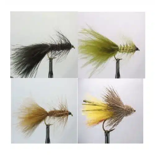 Una imagen que muestra cuatro moscas distintas de la colección Kit Moscas Dragon Streamers Flies Zath033 Wdx. La mosca superior izquierda es de color oscuro, la superior derecha es verde y amarilla, la inferior izquierda es marrón y la inferior derecha es amarilla y gris con un toque de rojo. Cada mosca de esta serie muestra una artesanía detallada con materiales variados ideales para señuelos de pesca.