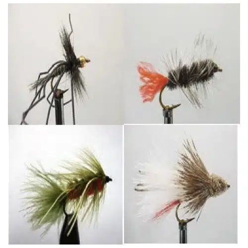 Un collage del Kit Moscas Dragon Streamers Flies Zath 0334 Wdx presenta cuatro moscas de pesca: la parte superior izquierda tiene una mosca oscura con un cuerpo segmentado y alas delicadas, la parte superior derecha muestra una mosca oscura tupida con una cola naranja, mientras que la parte inferior izquierda muestra una mosca verde y roja vibrantes, y la parte inferior derecha resalta una mosca blanca y marrón.