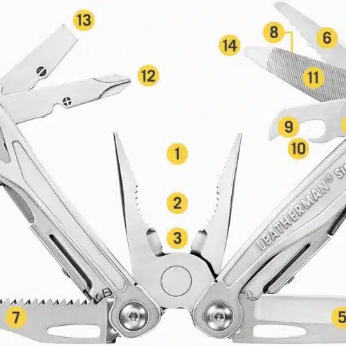 La multiherramienta Leatherman Sidekick 831439 incluye componentes claramente etiquetados, como alicates, cuchillos, una sierra, destornilladores y tijeras. Cada herramienta está numerada del 1 al 14, lo que resalta las diversas funciones que ofrece su diseño compacto.
