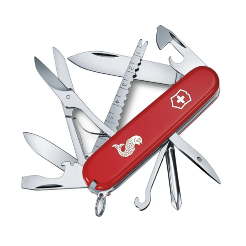 Cortapluma Victorinox Fisherman Roja con herramientas desplegadas para pesca