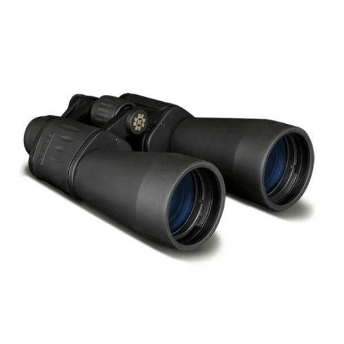 Un par de binoculares Giant 2125 20x60 Konus negros con lentes grandes y empuñaduras texturizadas. Los binoculares tienen una perilla de enfoque central y un diseño elegante y moderno, ideal para ver a larga distancia. Las lentes están teñidas con un tono azul.