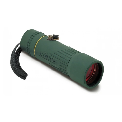 Un monocular verde con empuñadura texturizada, de marca "Roth", con lente tintada en rojo y una correa sujeta a un extremo. El monocular compacto y cilíndrico 2060 Konusmall 10x25 Konus está diseñado para uso portátil.