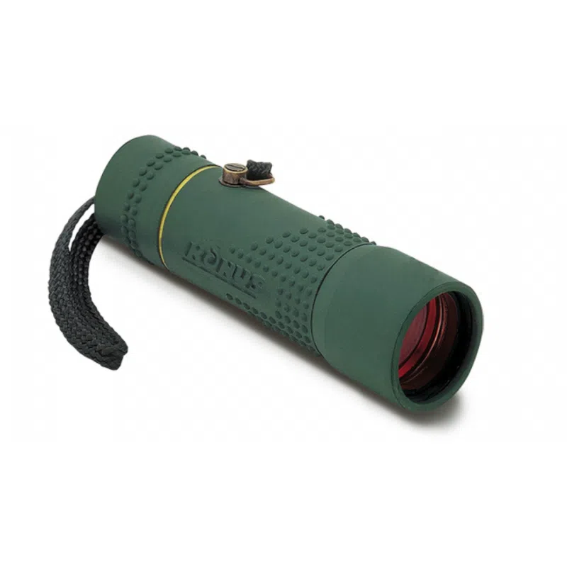 Un monocular verde con empuñadura texturizada, de marca "Roth", con lente tintada en rojo y una correa sujeta a un extremo. El monocular compacto y cilíndrico 2060 Konusmall 10x25 Konus está diseñado para uso portátil.