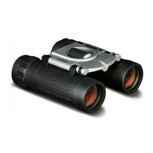 Un par de binoculares compactos de color negro, modelo Basic 2007 8x21 Konus, con puente plateado y lentes de color rojo. Los binoculares tienen un diseño elegante y son plegables para transportarlos fácilmente.