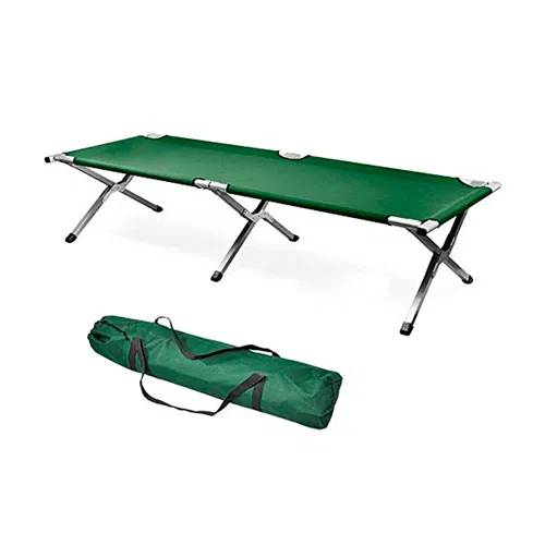 La Catre Campaña Safari Sf459, una cuna de camping plegable, viene con un marco de metal resistente y una bolsa de transporte verde a juego.