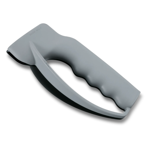 Afilador de cuchillos de mano 7.8715 con mango ergonómico gris y ranura de afilado negra. El diseño incluye agarraderas para los dedos para un agarre cómodo y seguro. Esta herramienta elegante y compacta es perfecta para mantener el filo de sus cuchillos de cocina.