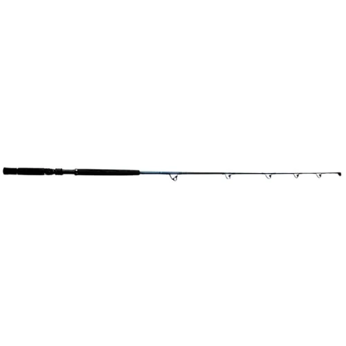Se muestra una caña Okuma Blue Diamond Trolling 601m-1 de 1,80 m de color negro con cinco anillas y un mango de espuma sobre un fondo blanco liso. La caña está completamente extendida, mostrando su diseño elegante y recto.