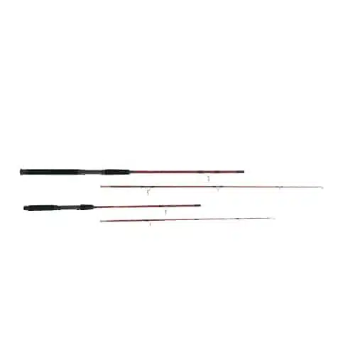 Caña Caña Spinning Okuma X-Spot 562 desmontada y dispuesta horizontalmente, con cuatro segmentos separados. Las piezas incluyen el mango con empuñadura negra y tres segmentos adicionales que se unen para formar una caña completa de spinning de 1,65 metros. Cada sección varía en longitud y está equipada con anillos guía.