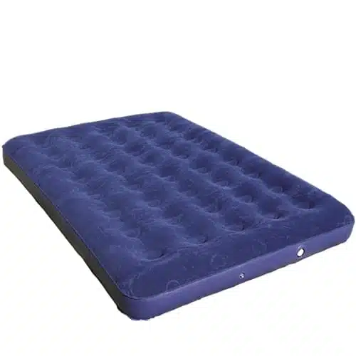 Un colchón inflable de aire azul con una superficie superior flocada y válvulas de aire incorporadas, el Colchón Inflable Safari 1 1/2 Plazas #20334 parece estar completamente inflado, mostrando un patrón texturizado de hendiduras uniformes en la parte superior para mayor comodidad y soporte.