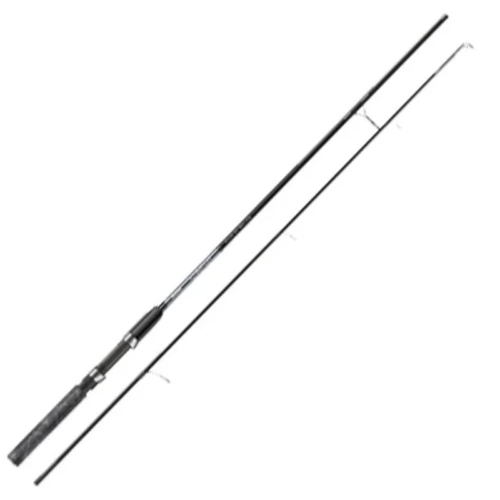La caña de pescar de dos piezas Caña Okuma X-Spot presenta un mango negro y guías metálicas, perfectas para salidas tanto en agua dulce como salada, elegantemente presentadas sobre un fondo blanco.