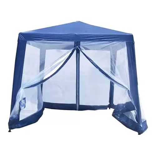 El toldo cenador Safari Sf454 C/Mosquitero 3,0x3,0m es un encantador cenador para exteriores de color azul con techo a dos aguas y laterales de plástico transparente. La abertura frontal se abre con cremallera y se abre hacia atrás, creando una entrada amplia, e incluye mosquitera para mayor comodidad, todo ello colocado sobre un fondo blanco.