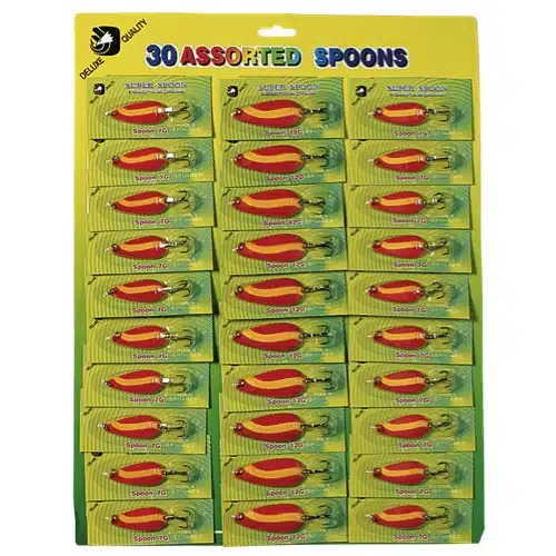 Un tablero de embalaje amarillo y verde que muestra 30 cucharas de pesca variadas, cada una en su propio compartimento, con una combinación de colores rojo y amarillo. En la parte superior se destaca "30 cucharas variadas". Busque el código Display Cuchara Falcon Claw-Wdx /Spc302 30 Un para garantizar la autenticidad.