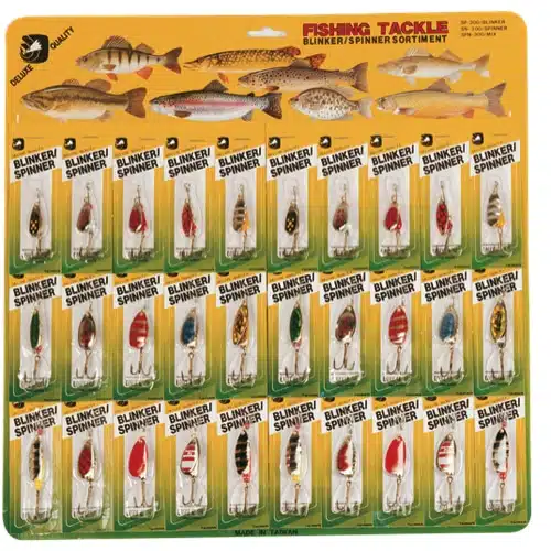 Una tarjeta de presentación de aparejos de pesca que presenta 30 señuelos intermitentes/spinner Falcon Claw-Wdx/Snb300a, dispuestos en cinco filas de seis. El paquete incluye imágenes de varias especies de peces en la parte superior y el logotipo de la marca en la esquina superior izquierda, con amarillo y verde como colores primarios.
