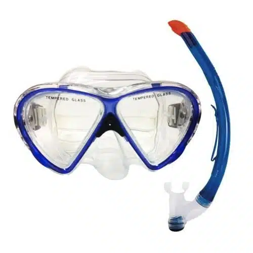 La máscara de snorkel Kit De Buceo Ist Silitex Ccs-104107p/Cb 2p.+B viene con lentes de vidrio templado y un tubo de snorkel azul adjunto con una punta roja. Está equipada con una boquilla flexible, una sección nasal transparente y una correa ajustable para garantizar un ajuste seguro.