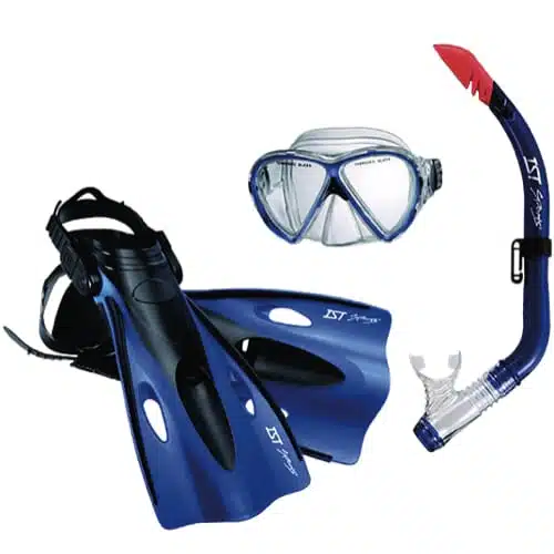 El Kit De Buceo Junior Ist Silitex Ccfj-02p/Cb 3p.+B AZUL incluye un equipo de snorkel azul y negro compuesto por un par de aletas, un snorkel con punta roja y una máscara con lente transparente y marco azul. Este kit es perfecto para aventuras submarinas.