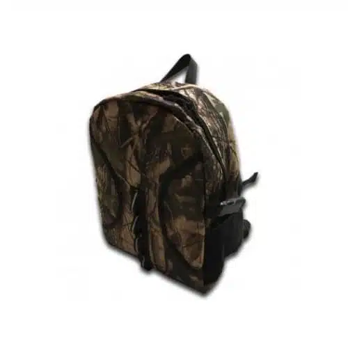 La Mochila Zlip Camuflada Yqfb349 presenta un patrón de bosque, múltiples compartimentos con cremallera, correas negras, un asa superior y correas de hombro ajustables para llevarla cómodamente.