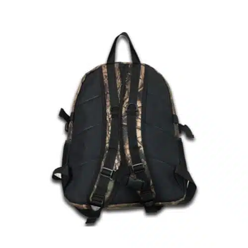 Esta imagen muestra la parte posterior de la Mochila Zlip Camuflada Yqfb349, que cuenta con correas de hombro acolchadas con diseño camuflado y hebillas ajustables. La bolsa negra también incluye un asa de transporte superior y correas laterales Zlip para realizar ajustes adicionales.