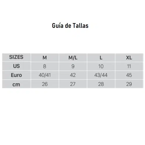 La tabla de tallas, titulada "Guía de Tallas" en español, es perfecta para seleccionar el Zapato De Buceo Ist S38- 3mm Neopreno adecuado. Compara tallas de EE. UU. (8-11), tallas europeas (40/41-45) y centímetros (26-29) para M, M/L, L y XL.
