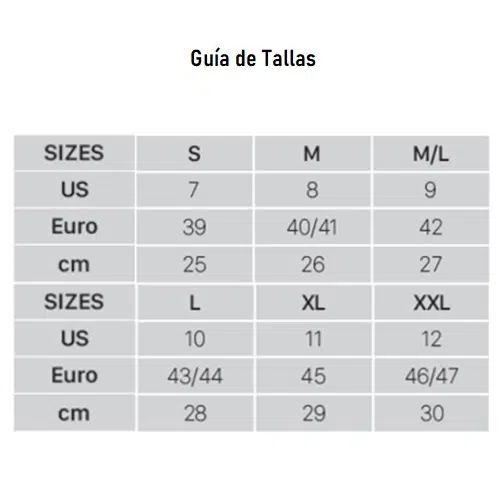Una tabla de tallas titulada "Guía de Tallas" para el Zapato De Buceo Ist S7 5mm Neopreno, que muestra tallas estadounidenses del 7 al 12, tallas europeas del 39 al 47 y tallas en cm que van del 25 al 30 en tallas S, M, M/L, L, XL y XXL.