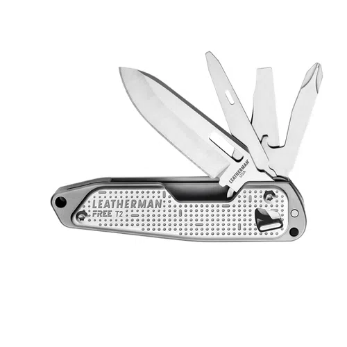 La navaja multiusos Leatherman Free T2 Bx 832682 de Cortapluma es elegante y tiene un diseño ergonómico que incluye una hoja principal parcialmente abierta. También incluye otras herramientas que se extienden desde el mango, como un destornillador de punta plana, un destornillador Phillips y un cuchillo pequeño.