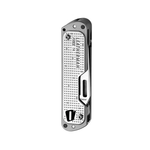 Una multiherramienta cerrada Cortapluma Leatherman Free T4 Bx 832686 con un elegante diseño plateado y negro, que presenta un agarre texturizado y marcas de marca visibles que recuerdan a una cortapluma clásica.