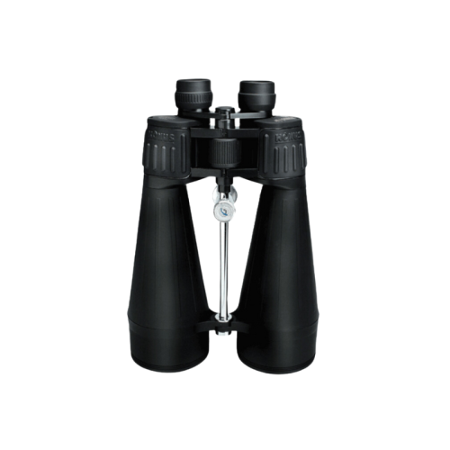 Un par de binoculares grandes Binocular Giant 2110 20x80 Konus de color negro, con mecanismo de enfoque central y dos oculares ajustables, mostrados sobre un fondo blanco impecable.
