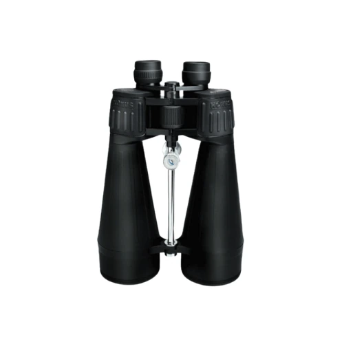 Un par de binoculares grandes Binocular Giant 2110 20x80 Konus de color negro, con mecanismo de enfoque central y dos oculares ajustables, mostrados sobre un fondo blanco impecable.