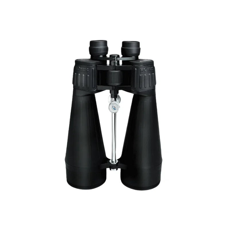 Un par de binoculares grandes Binocular Giant 2110 20x80 Konus de color negro, con mecanismo de enfoque central y dos oculares ajustables, mostrados sobre un fondo blanco impecable.
