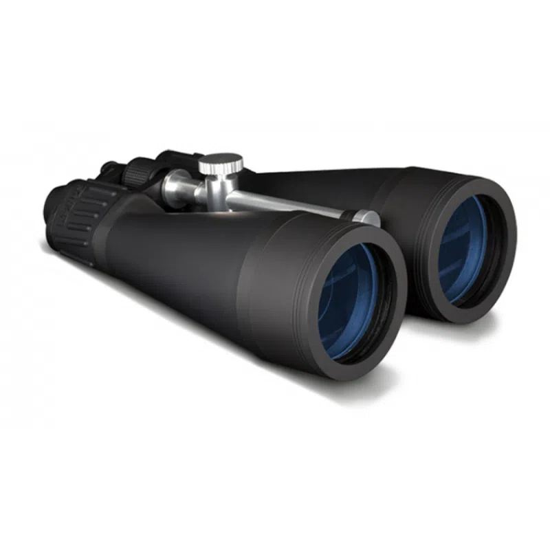 Un par de binoculares Binocular Giant 2110 20x80 Konus negros con lentes objetivos grandes de color azul y un botón de enfoque central, ubicados sobre un fondo blanco. Los binoculares tienen empuñaduras texturizadas para un manejo cómodo.