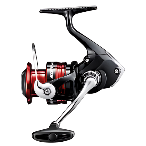 El sofisticado Carrete Shimano Sienna 1000 FG presenta un carrete de pesca negro y rojo con un diseño elegante y acabado metálico, que cuenta con una manija y un carrete de línea.